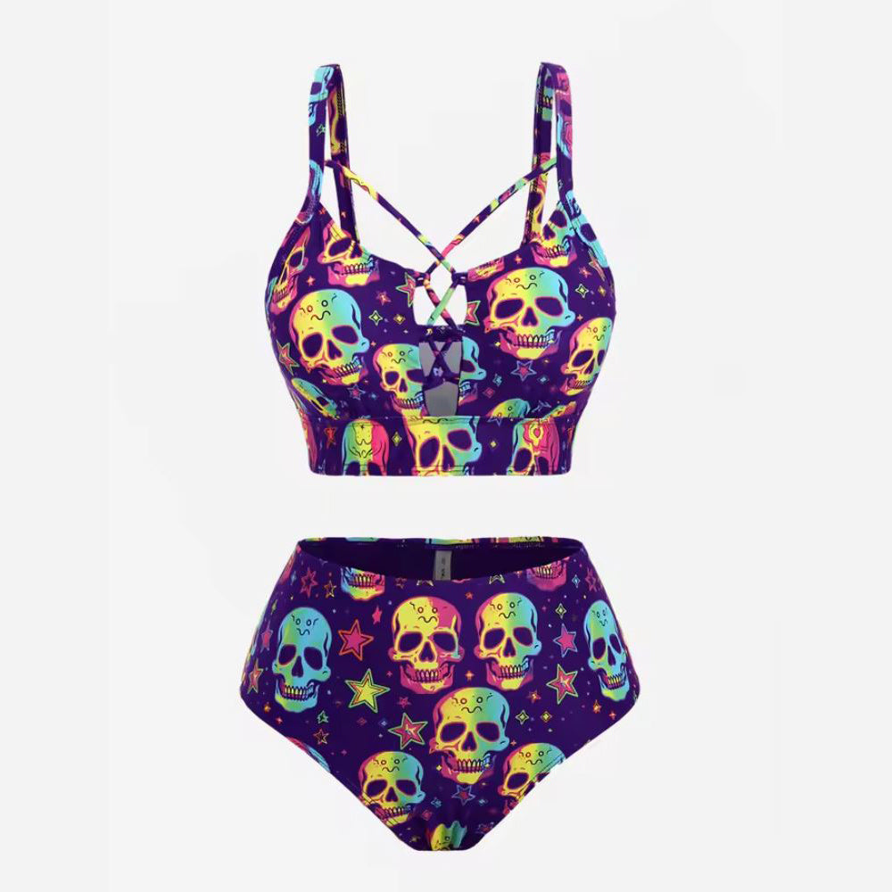 Neon Skull High-Waisted Bikini Set
