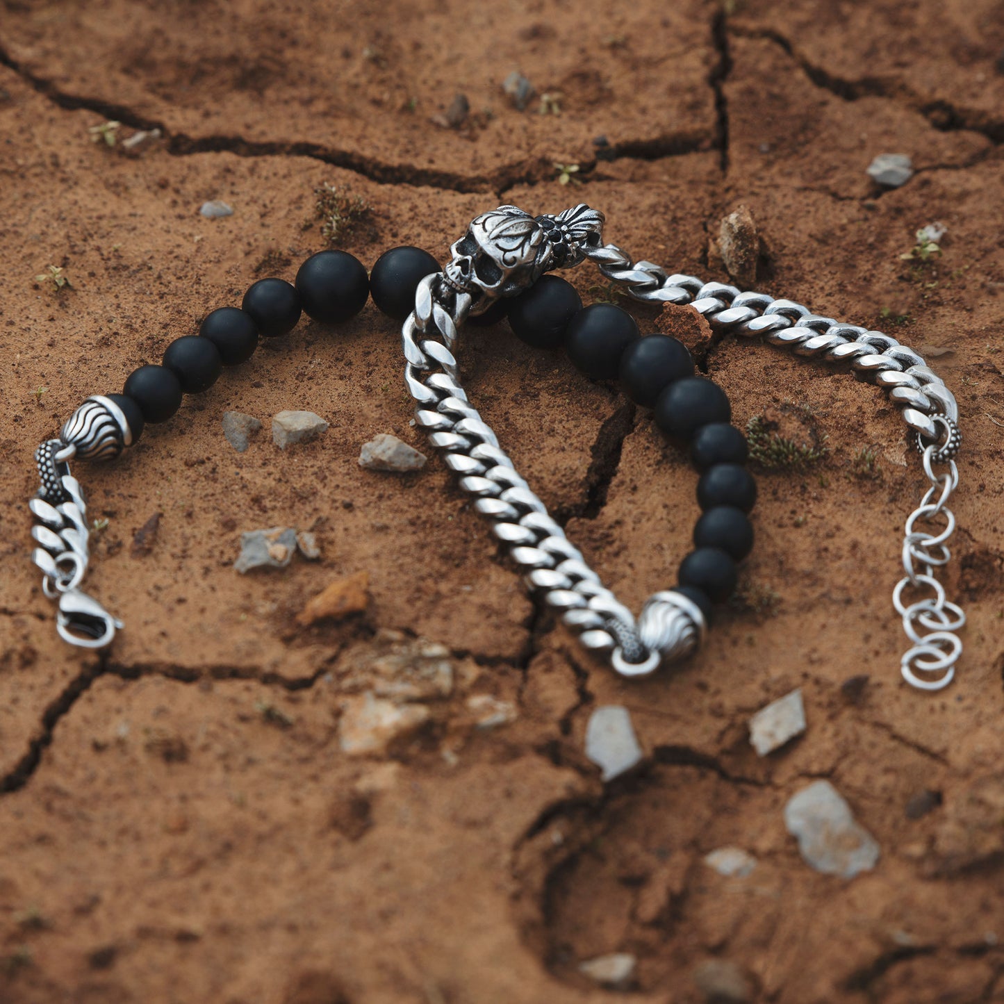 Skullistic Skull Double Layer Obsidian Bracelet