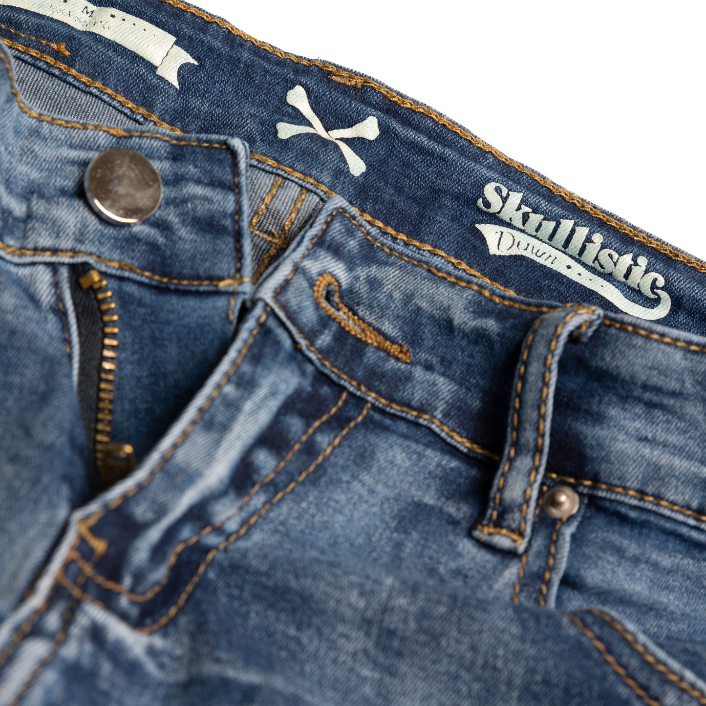 Denim Skull Embroidery Shorts closeup