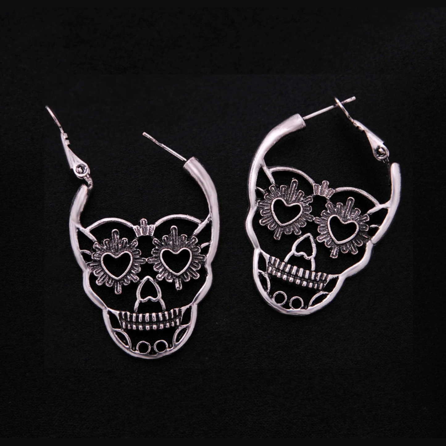 Antique Silver Sugar Skull Earrings opened