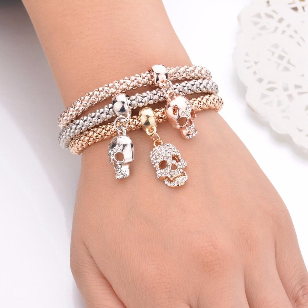 3 Skulls Crystal Charm Bracelet