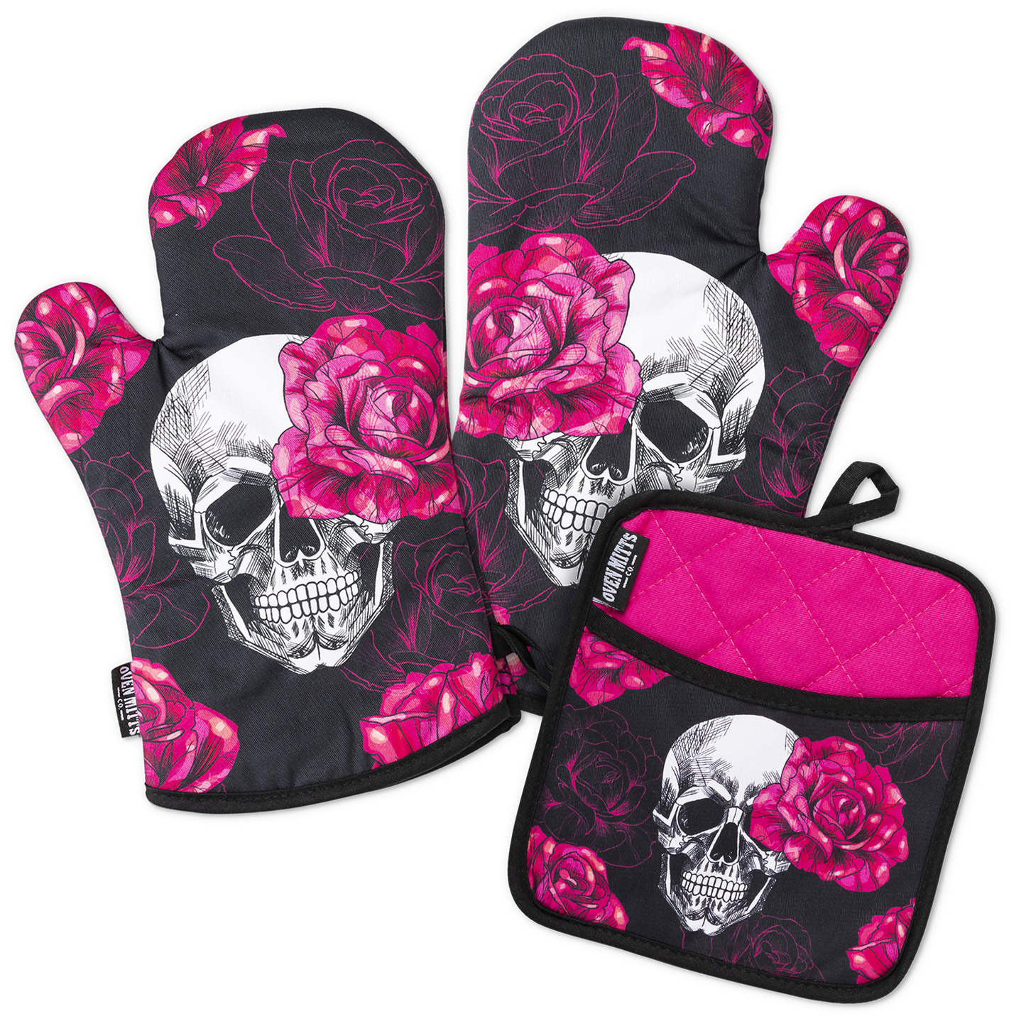 Pink Skull Rose Oven Mitts And Potholder Set