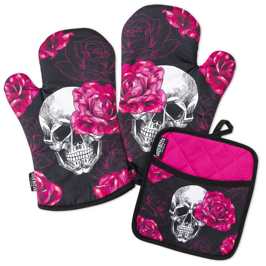 Pink Skull Rose Oven Mitts And Potholder Set