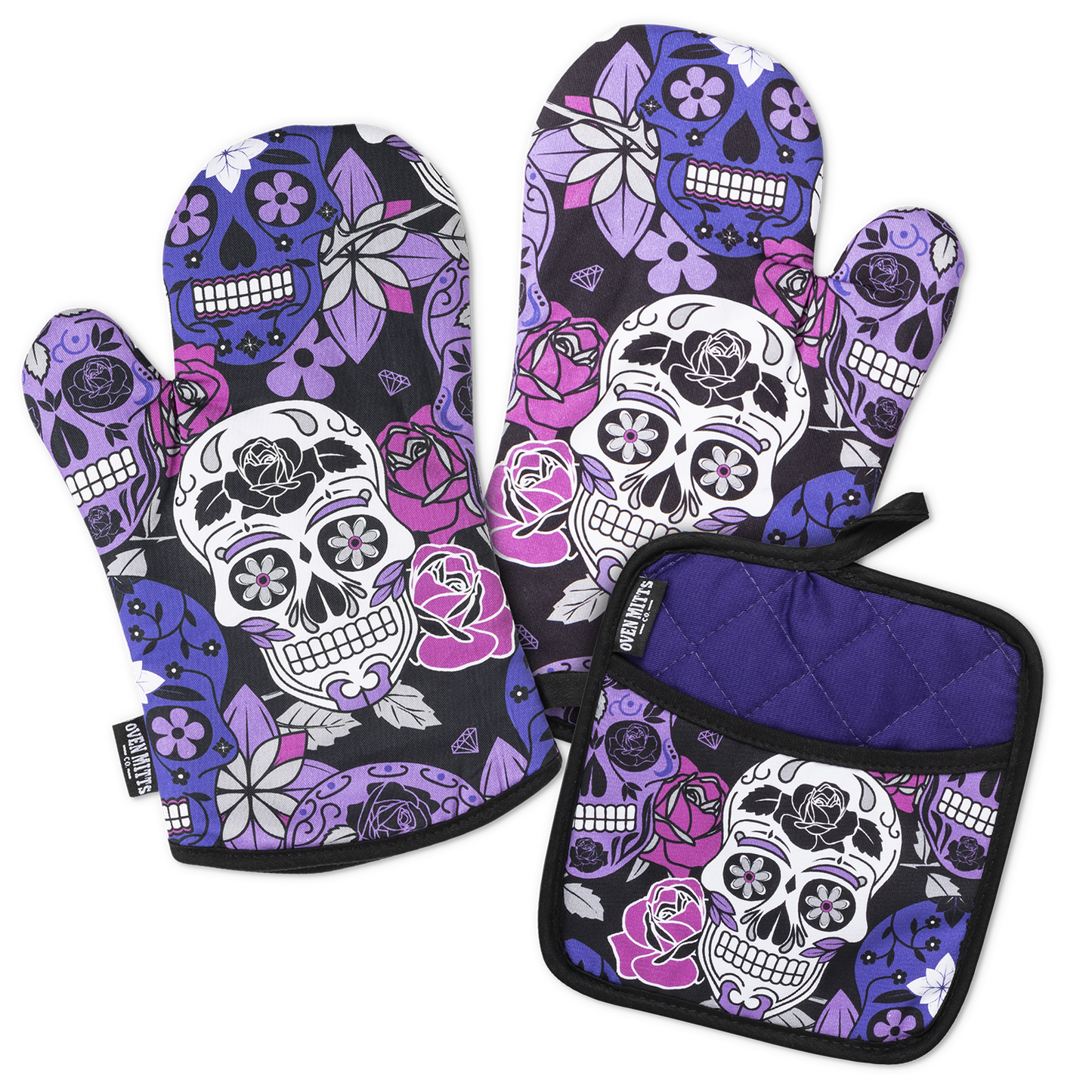 Sugar Skull Purple Oven Mitts And Potholder Set