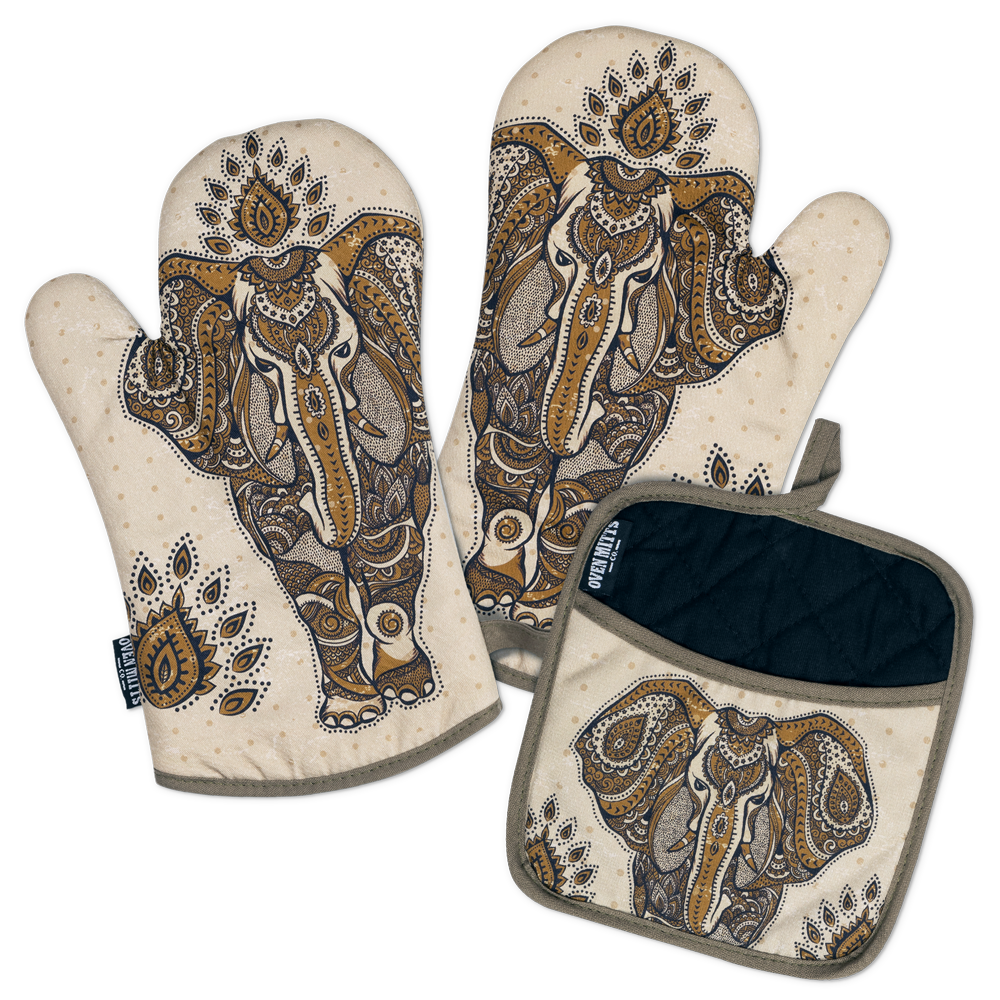 Elephant Boho Oven Mitts And Potholder Set