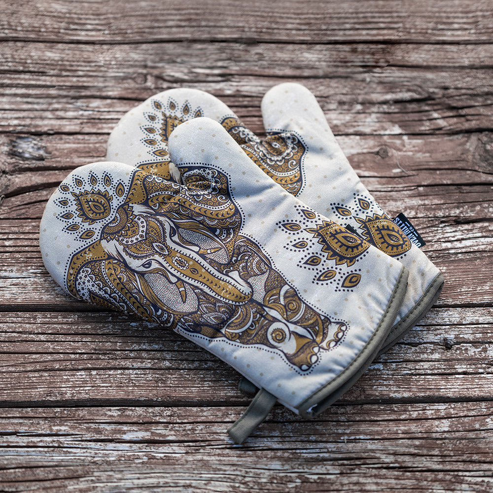 Elephant Boho Oven Mitts And Potholder Set