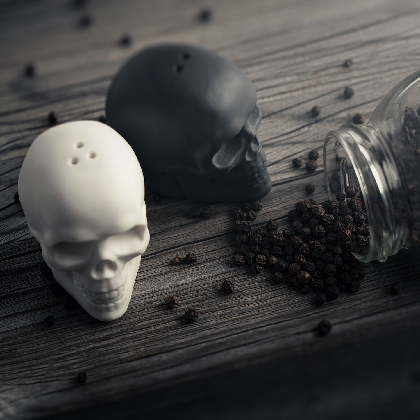Porcelain Skull Salt & Pepper Shaker Set black skull, white skull