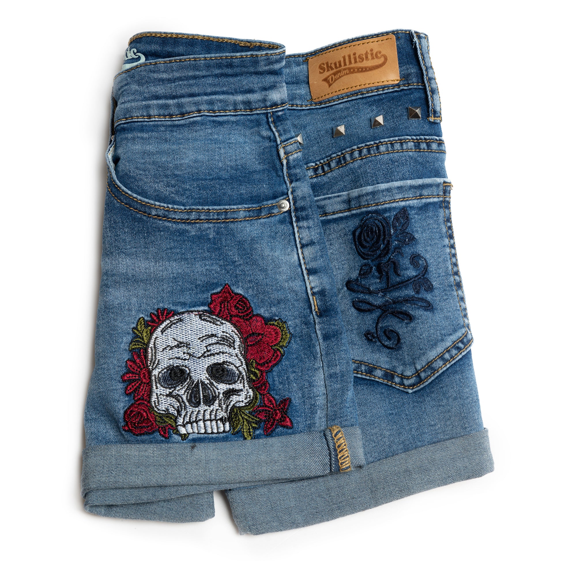 Denim Skull Embroidery Shorts details