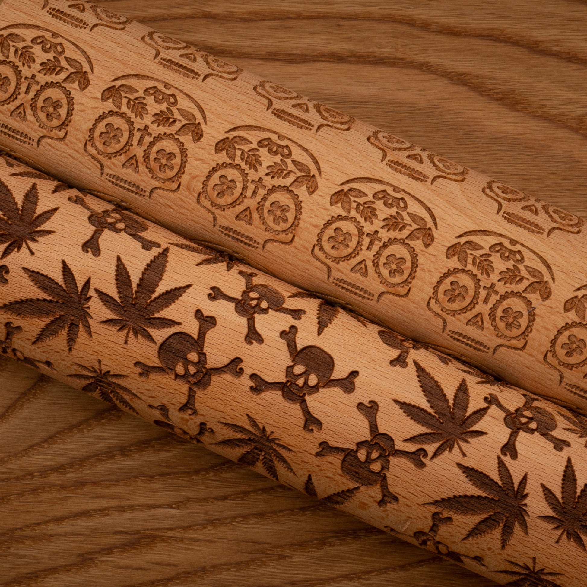 Skulls & Weed Leaves Embossed Pastry Rolling Pin wood