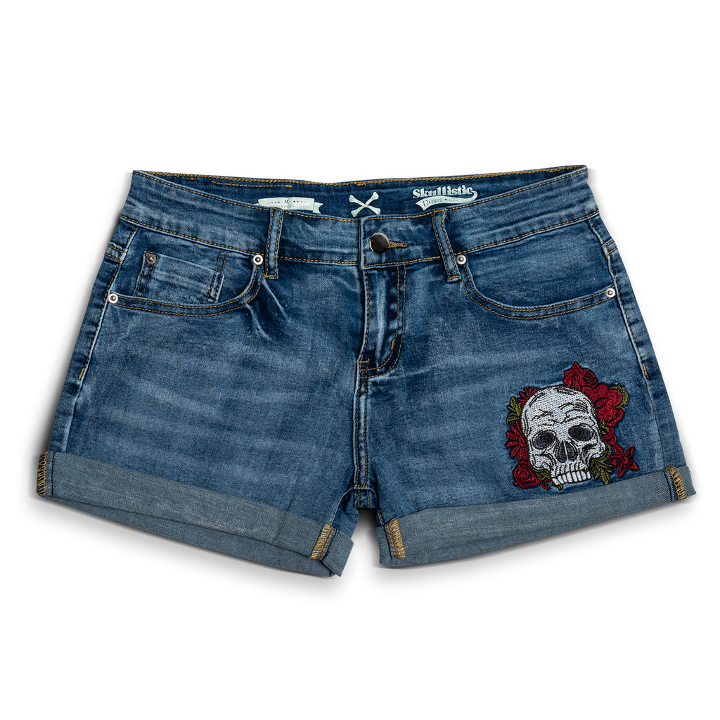 Denim Skull Embroidery Shorts