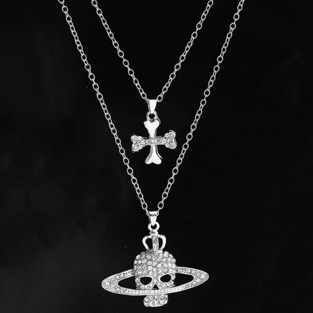 Cross Saturn Rhinestone Skull Necklace