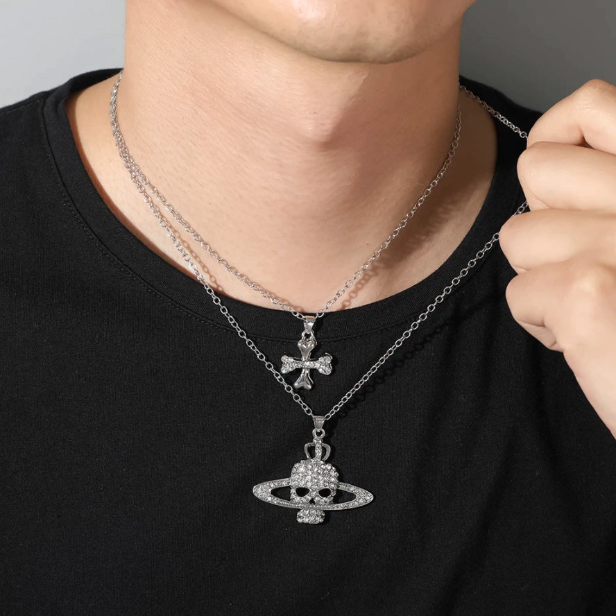 Cross Saturn Rhinestone Skull Necklace