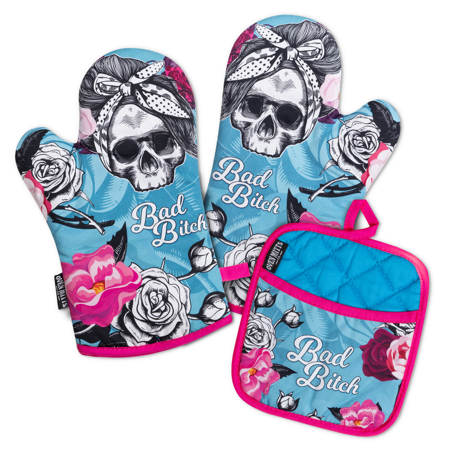 BB Flower Skull Oven Mitts And Potholder Set