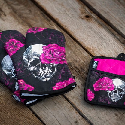 Pink Skull Rose Oven Mitts And Potholder Set