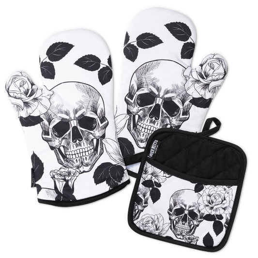 Gothic Skull Oven Mitts And Potholder Set