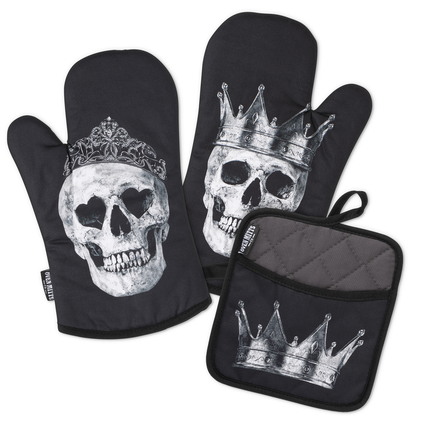 King & Queen Black Skull Oven Mitts And Potholder Set