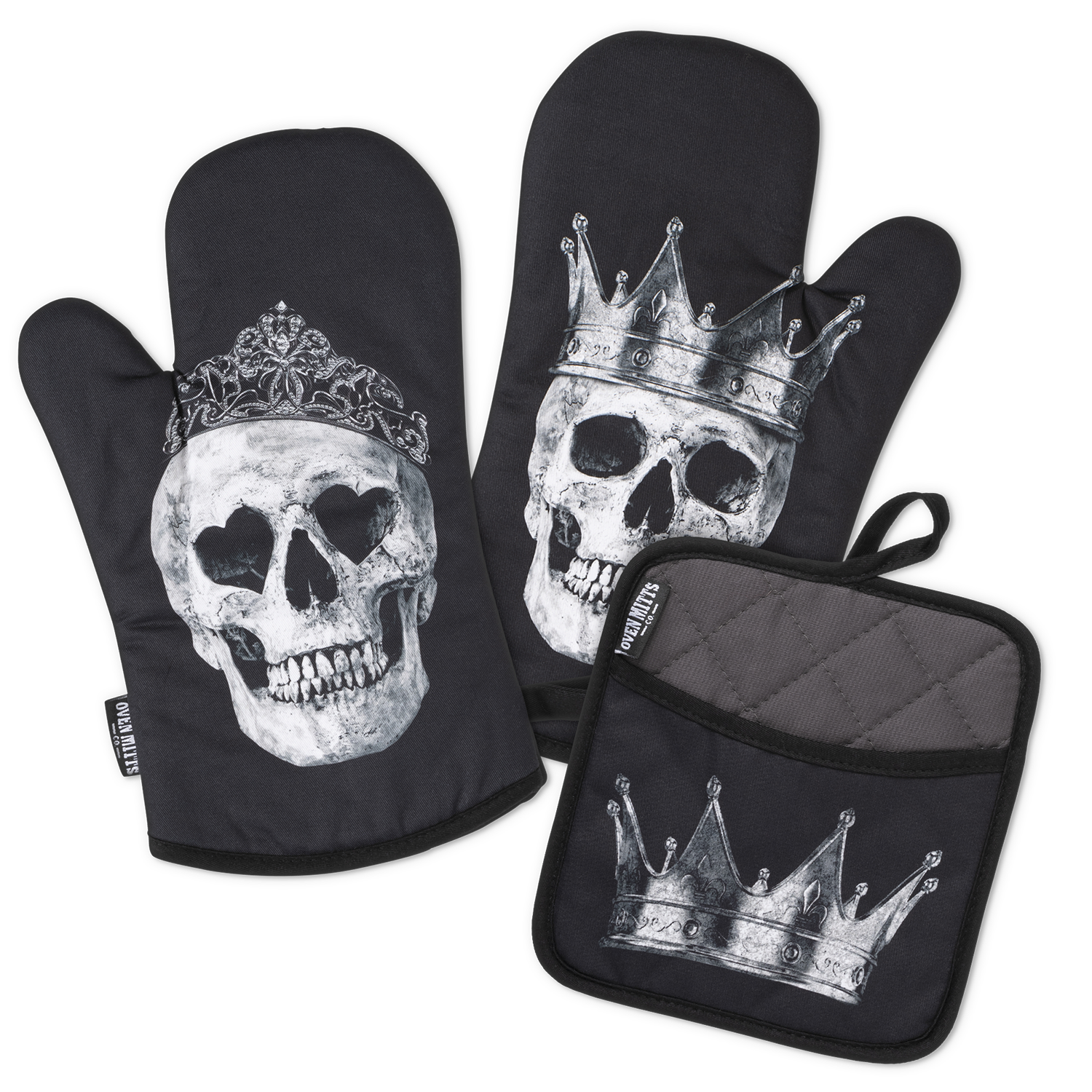 King & Queen Black Skull Oven Mitts And Potholder Set