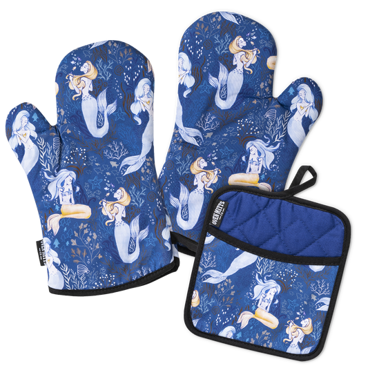 Magical Mermaid Blue Oven Mitts gloves And Potholder Set