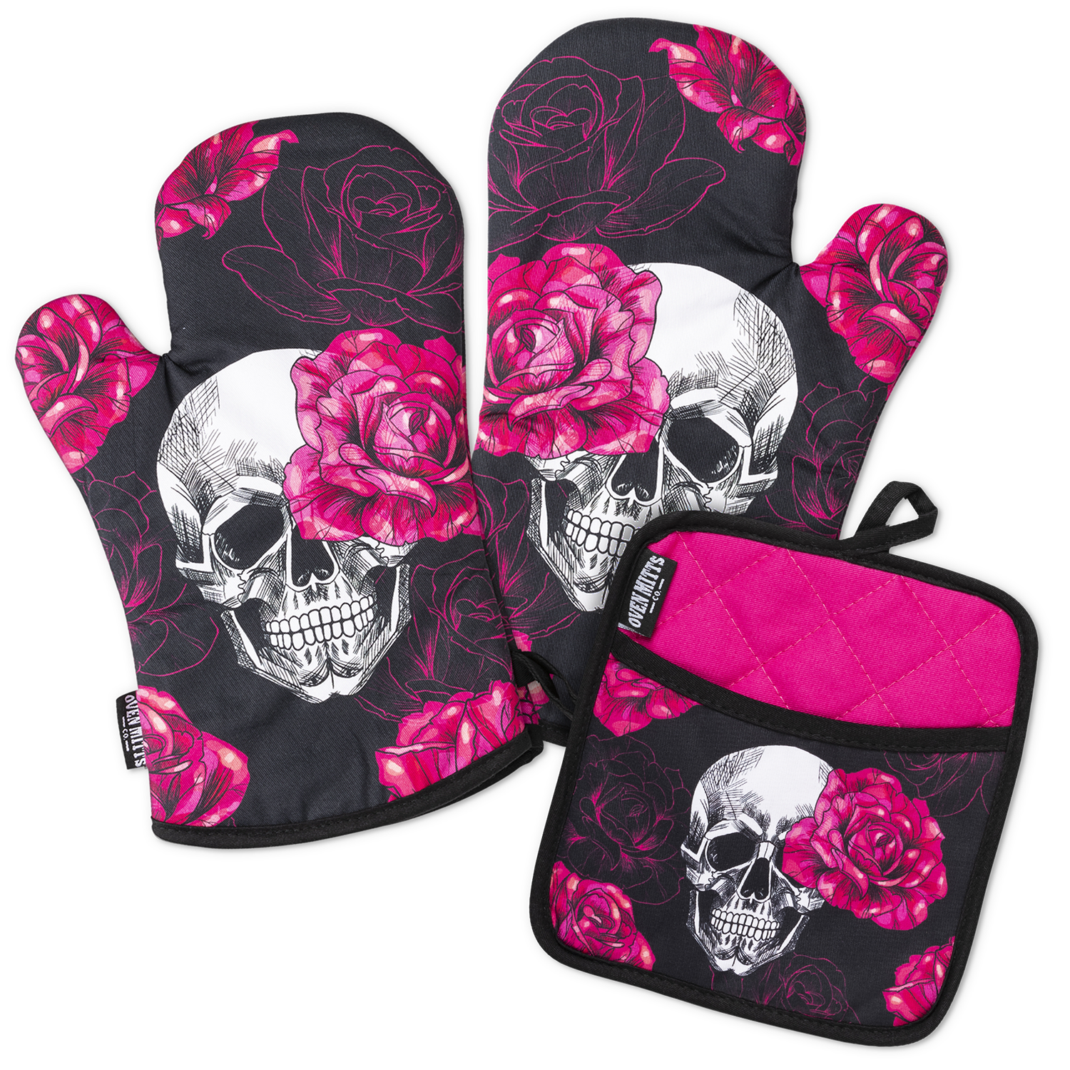 Pink Skull Rose Oven Mitts And Potholder Set