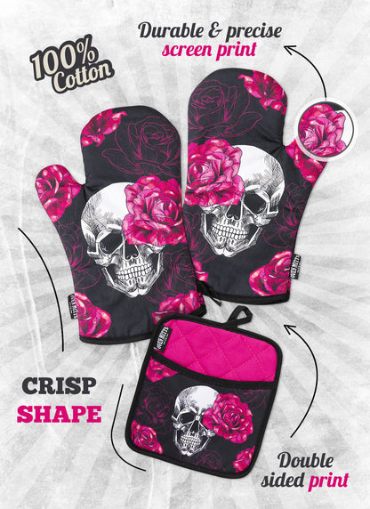 Pink Skull Rose Oven Mitts And Potholder Set