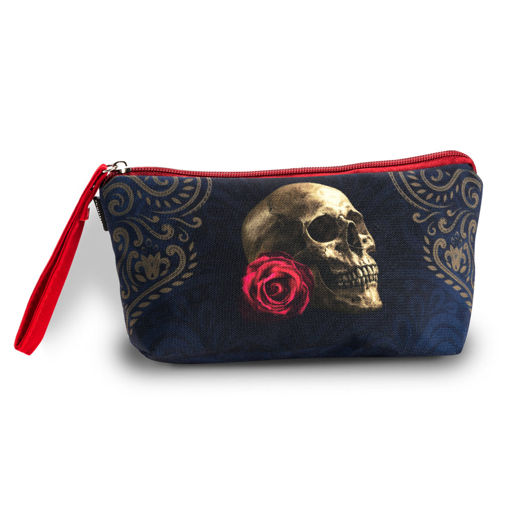 Rose Skull Navy Makeup Bag