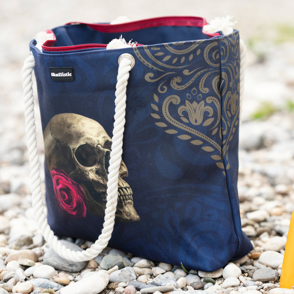 Rose Skull Navy Shoulder Beach Bag outside