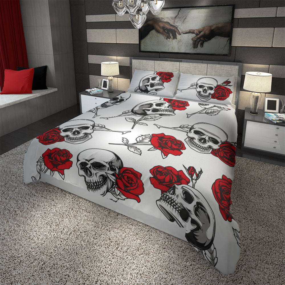 Skullistic Skulls & Roses White Duvet Set Cover