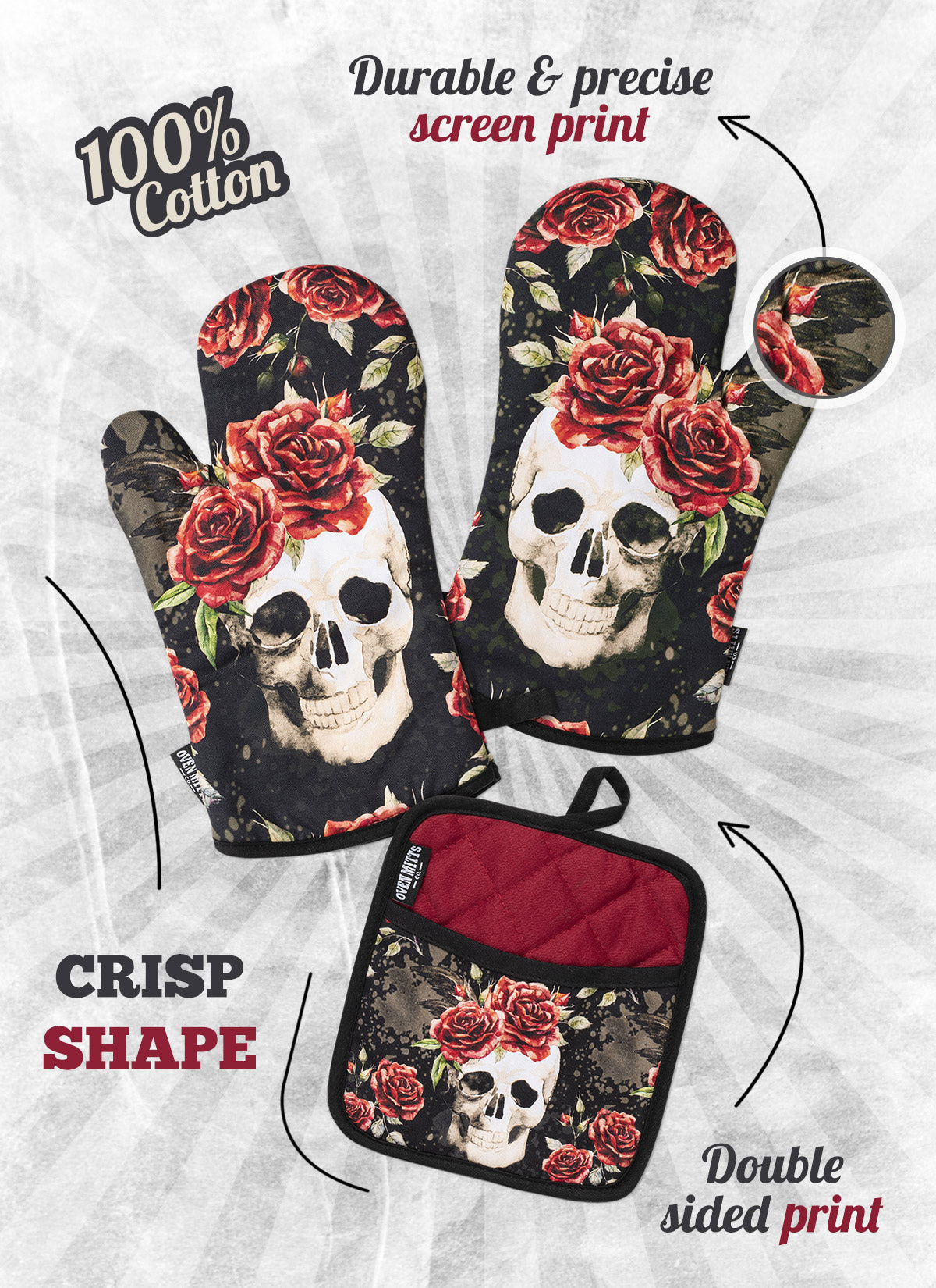 Skull Vintage Flower Oven Mitts And Potholder Set