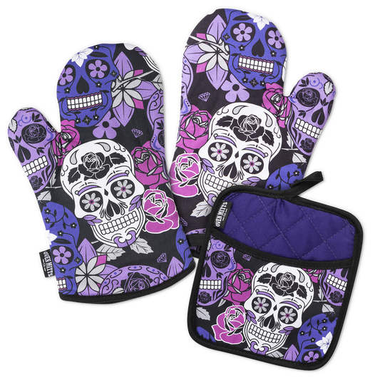 Sugar Skull Purple Oven Mitts And Potholder Set