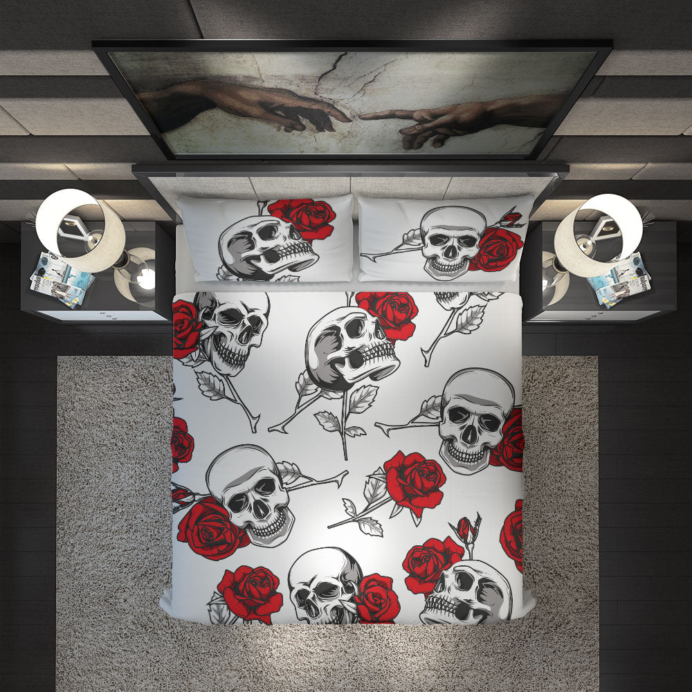 Skullistic Skulls & Roses White Duvet Set Cover design