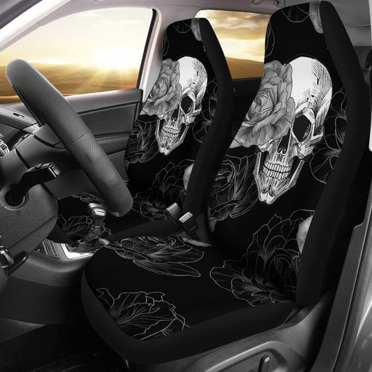 Grey Flower Skull Car Seat Covers