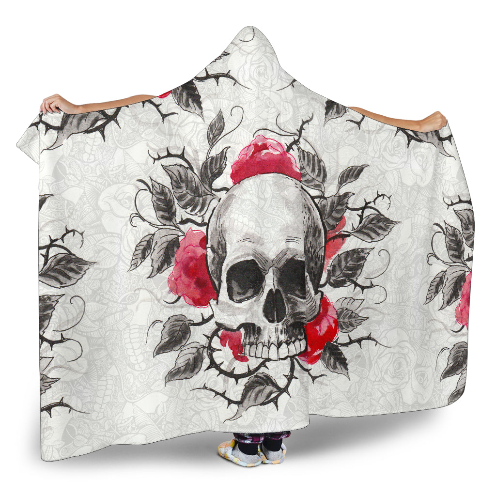 Skull With Thorny Roses Hooded Blanket