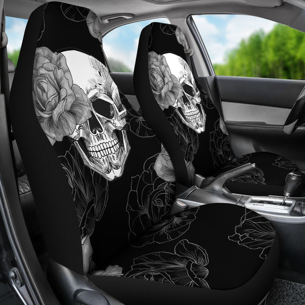 Grey Flower Skull Car Seat Covers