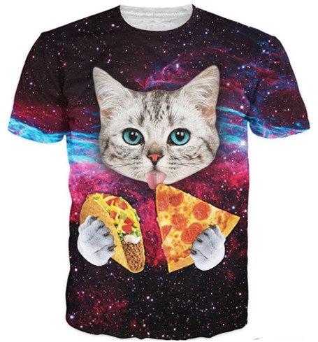 galaxy cat eating pizza taco t shirt front
