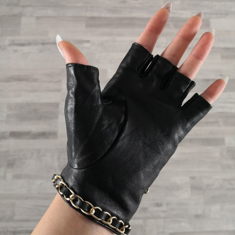 Genuine Leather Half Gloves with Metal Chain