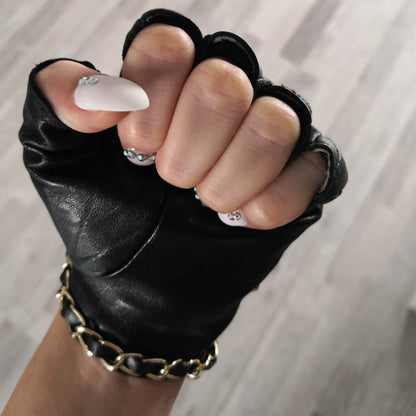 Genuine Leather Half Gloves with Metal Chain