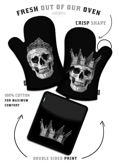 King & Queen Black Skull Oven Mitts And Potholder Set