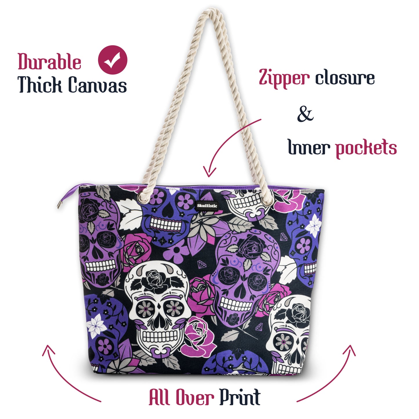 Sugar Skull Purple Shoulder Beach Bag