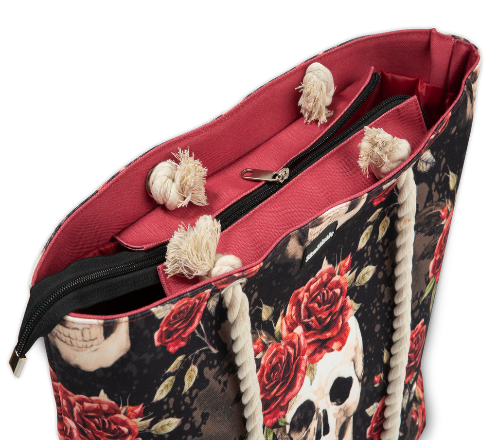 Vintage Flower Skull Shoulder Beach Bag Red interior