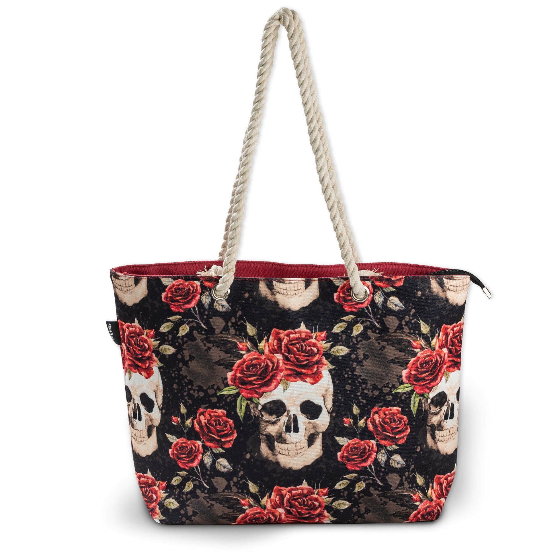 Vintage Flower Skull Shoulder Beach Bag Red Back